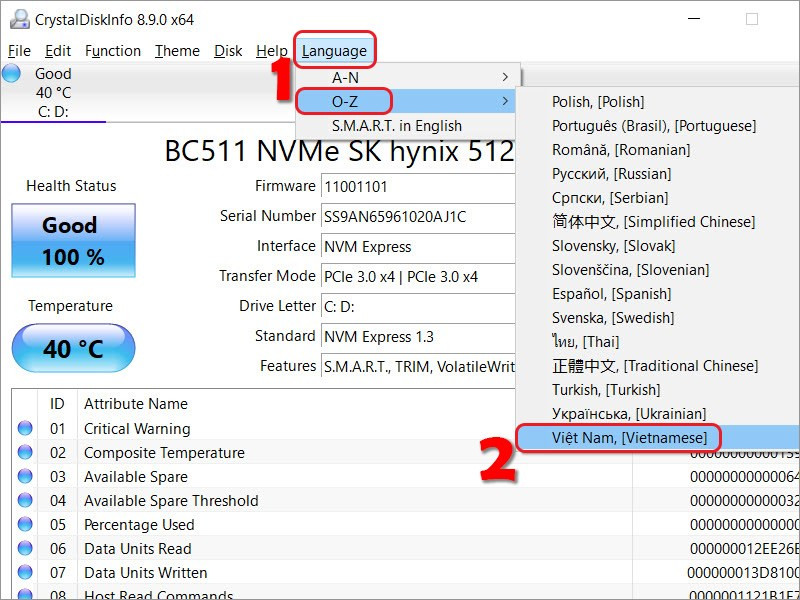 Chuyển đổi ngôn ngữ CrystalDiskInfo