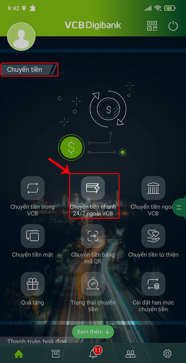 Chuyển tiền nhanh 24/7 ngoài VCB.