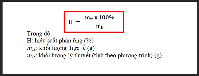 Công thức tính hiệu suất phản ứng