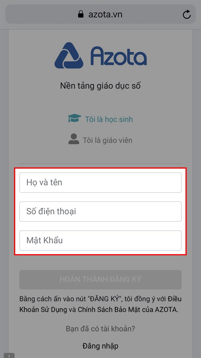 Đăng ký Azota trên điện thoại