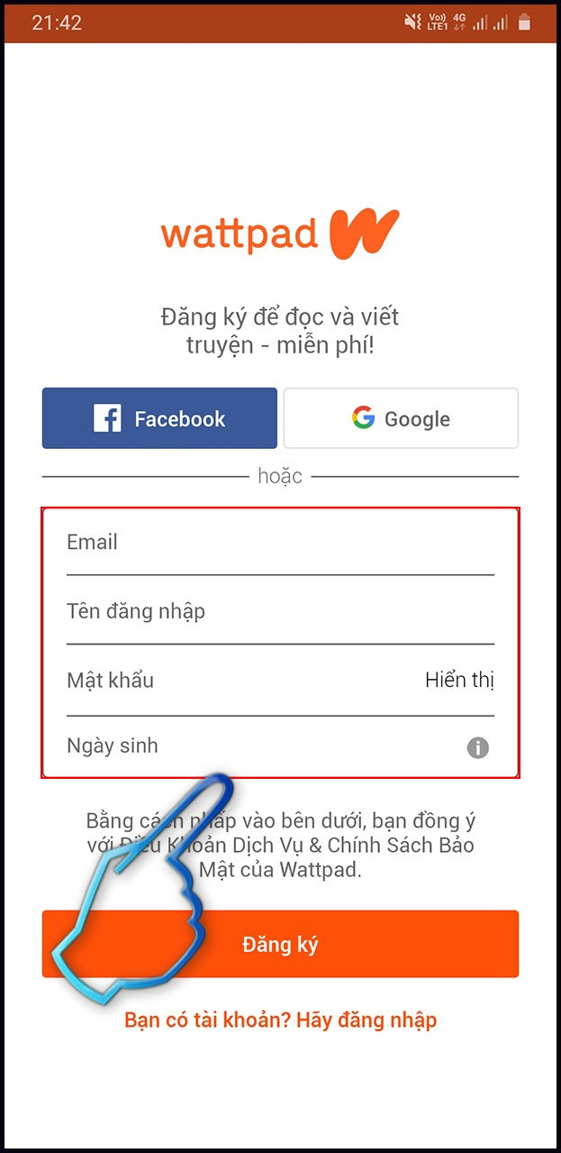 Đăng ký Wattpad bằng Email