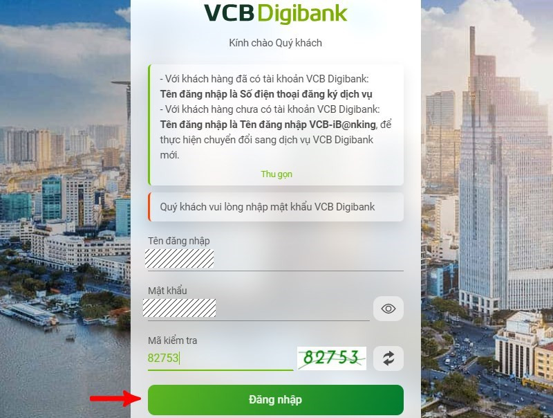 Đăng nhập VCB Digibank trên máy tính