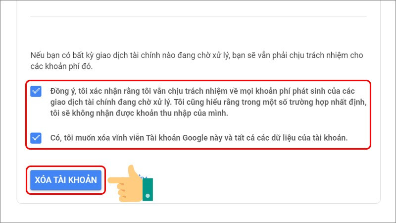 Đánh dấu tích vào 2 ô vuông và chọn XÓA TÀI KHOẢN