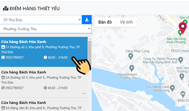 Danh sách cửa hàng trên bản đồ máy tính
