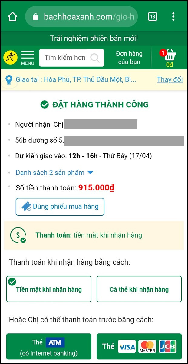 Đặt hàng thành công