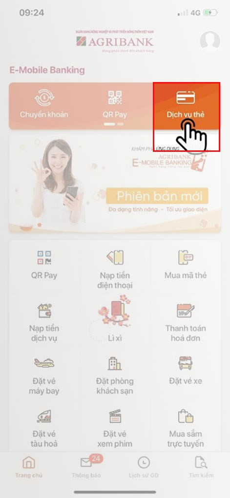 Dịch vụ thẻ trên Agribank E-Mobile Banking