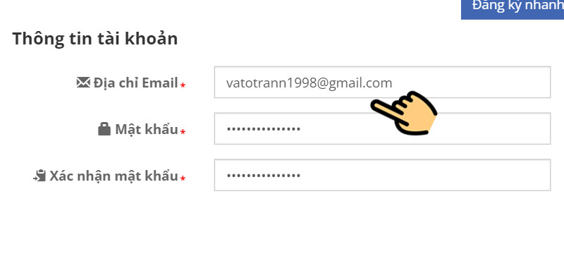 Điền địa chỉ email c&aacute; nh&acirc;n, đặt mật khẩu