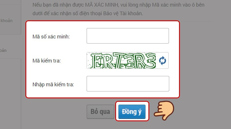 Điền mã xác minh nhận được và mã bảo vệ thấy được vào mục tương ứng và chọn Đồng ý