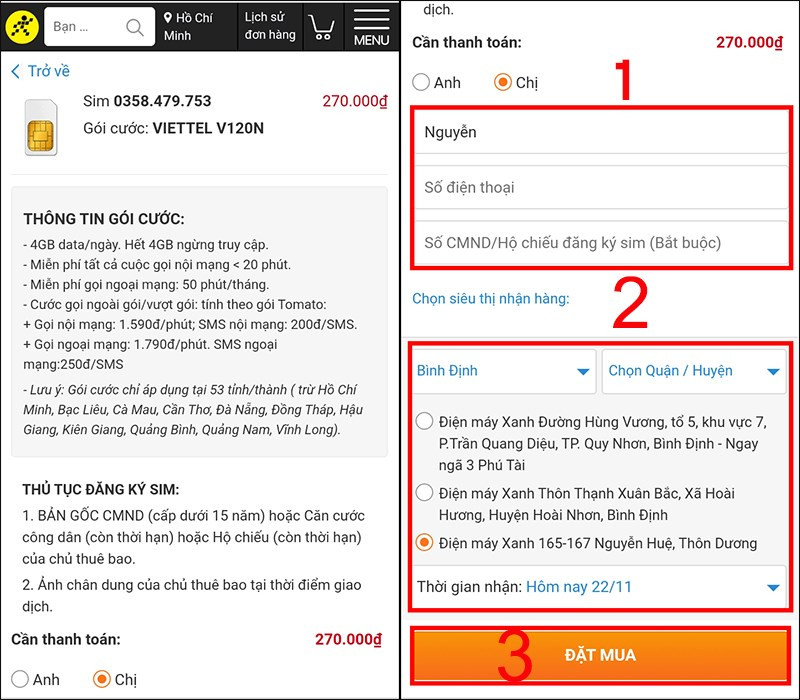 Điền th&ocirc;ng tin v&agrave; nhấn Đặt mua