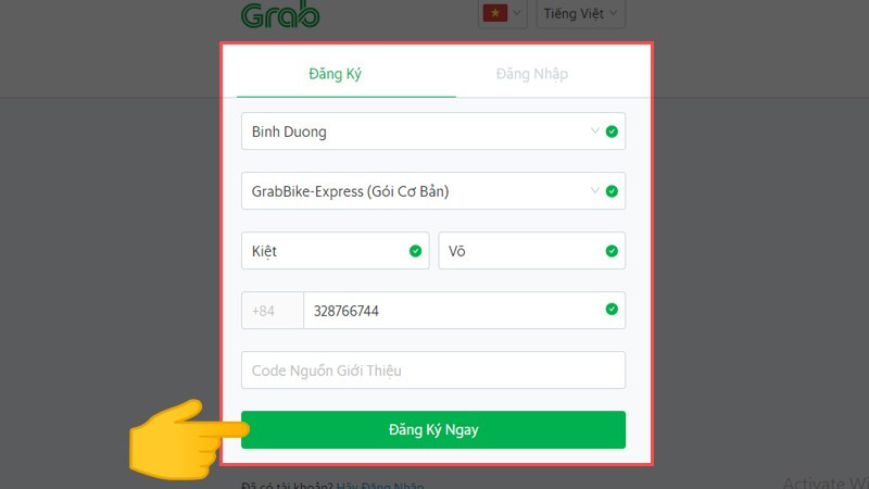 Điền thông tin đăng ký Grab