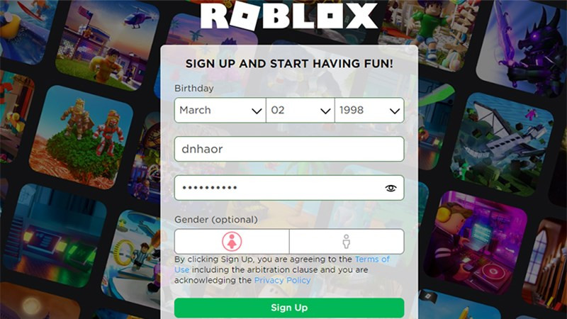 Điền thông tin đăng ký Roblox