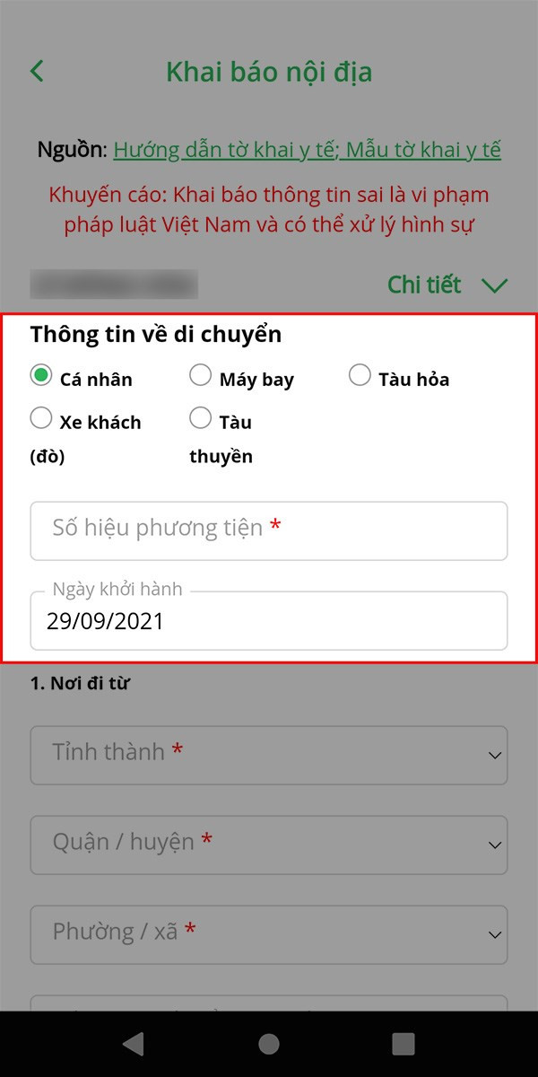 Điền thông tin di chuyển