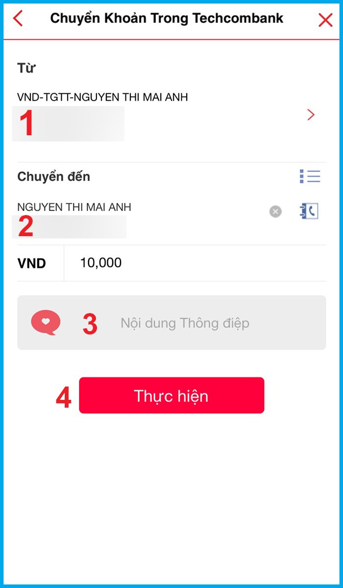 Điền thông tin nhận tiền và nhấn Thực hiện 