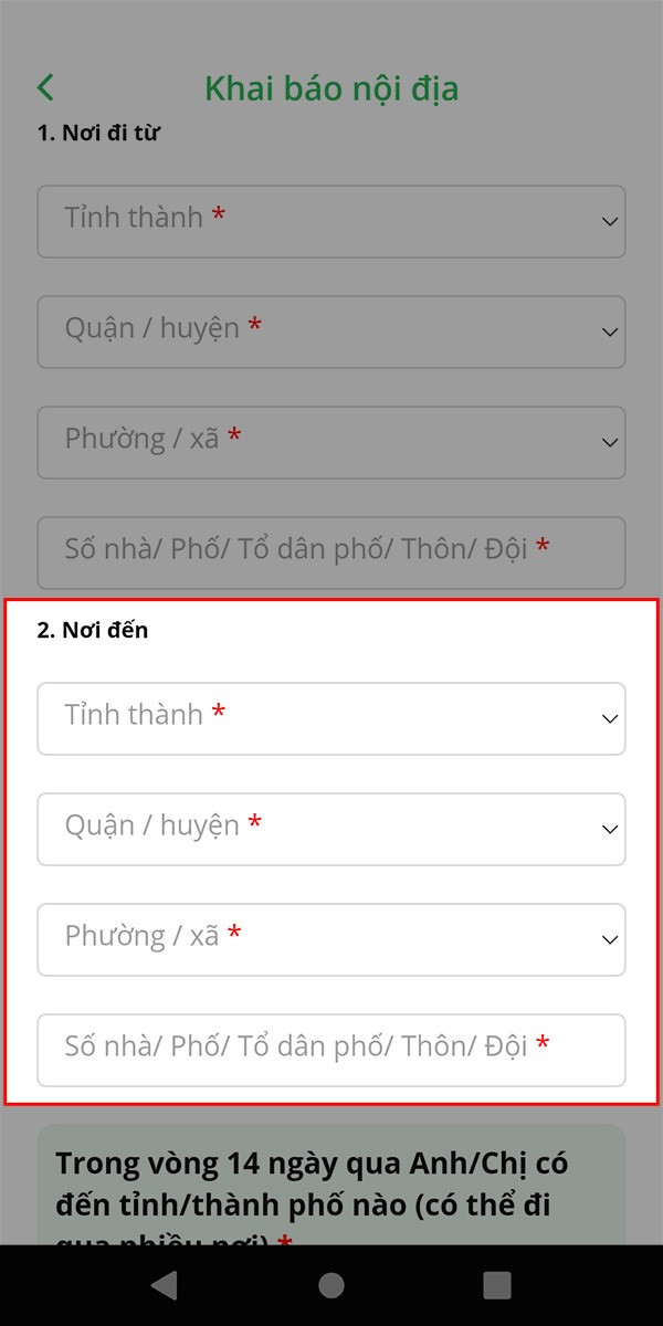 Điền thông tin nơi đến