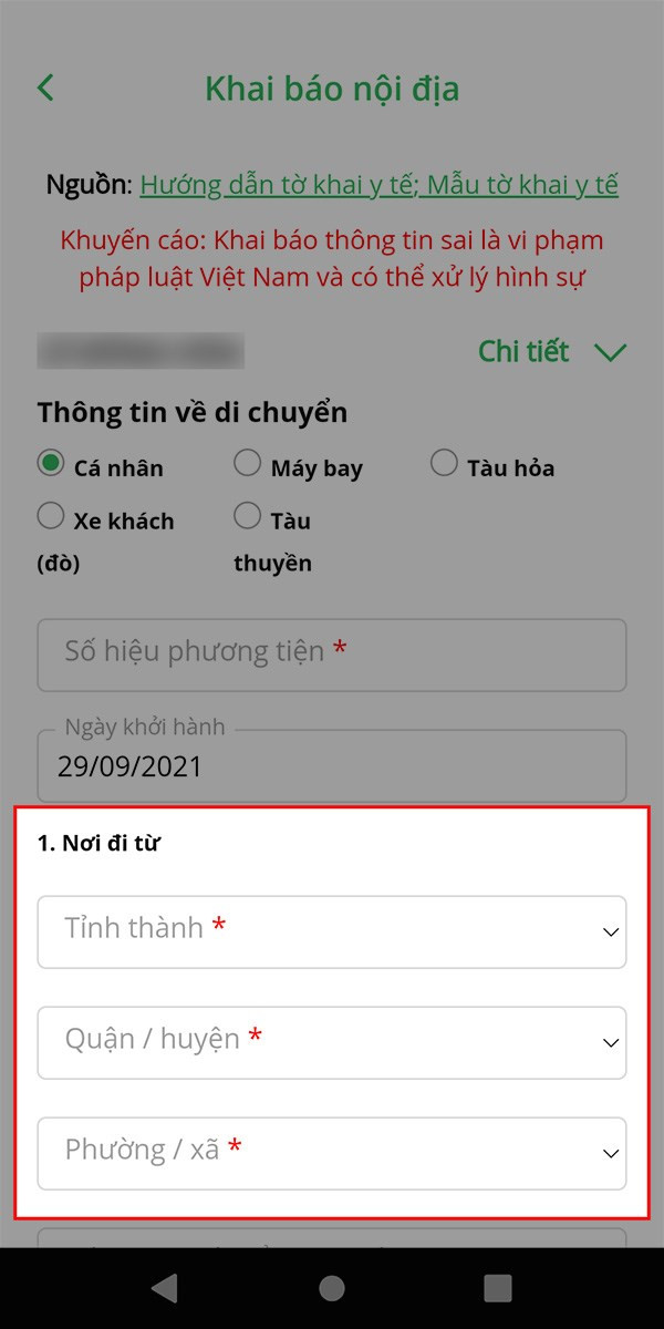 Điền thông tin nơi đi