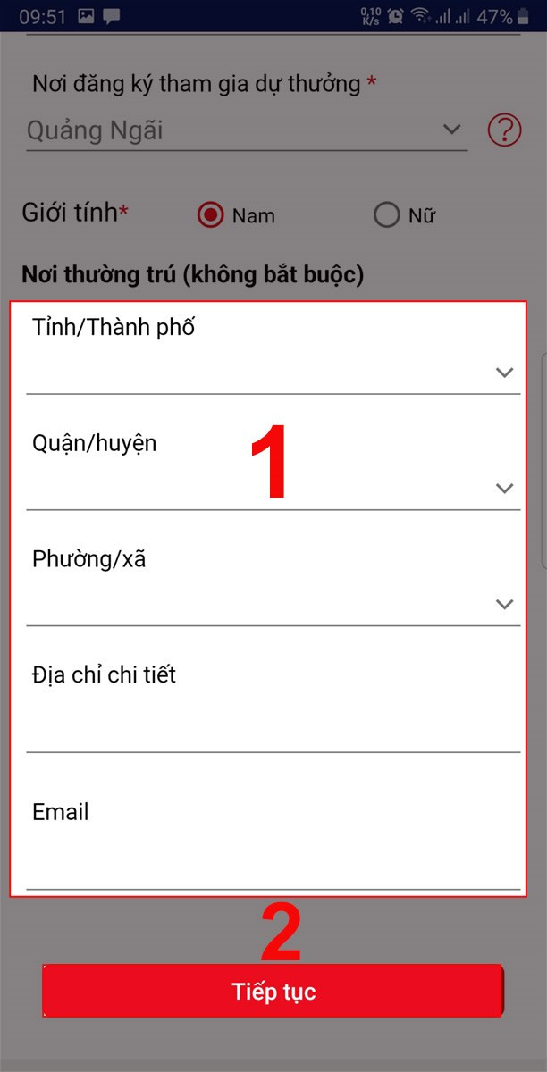 Điền thông tin thường trú (Nếu muốn) và bấm chọn Tiếp tục.