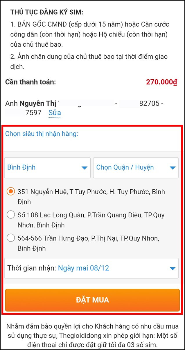 Điền thông tin và nhấn Đặt mua