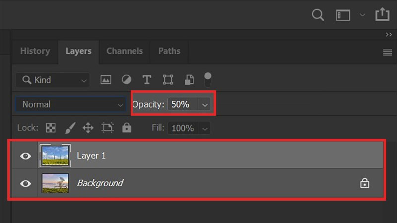 Điều chỉnh Opacity 50%