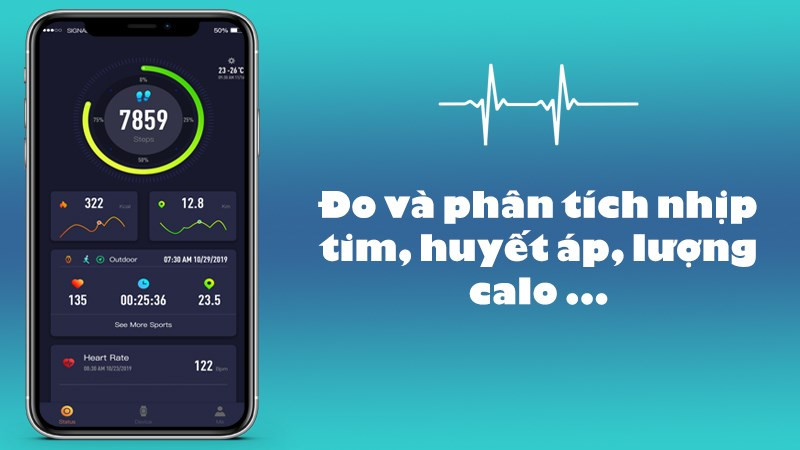 Đo v&agrave; ph&acirc;n t&iacute;ch nhịp tim, huyết &aacute;p, lượng calo ti&ecirc;u hao,...