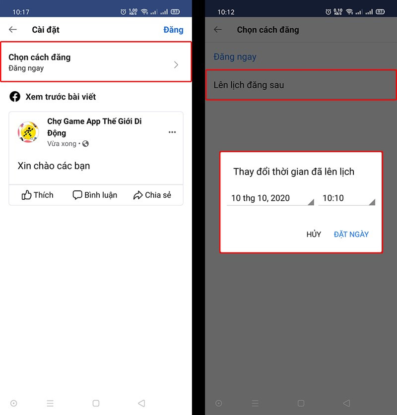 Đổi chọn cách đăng và chọn thời gian đăng bài