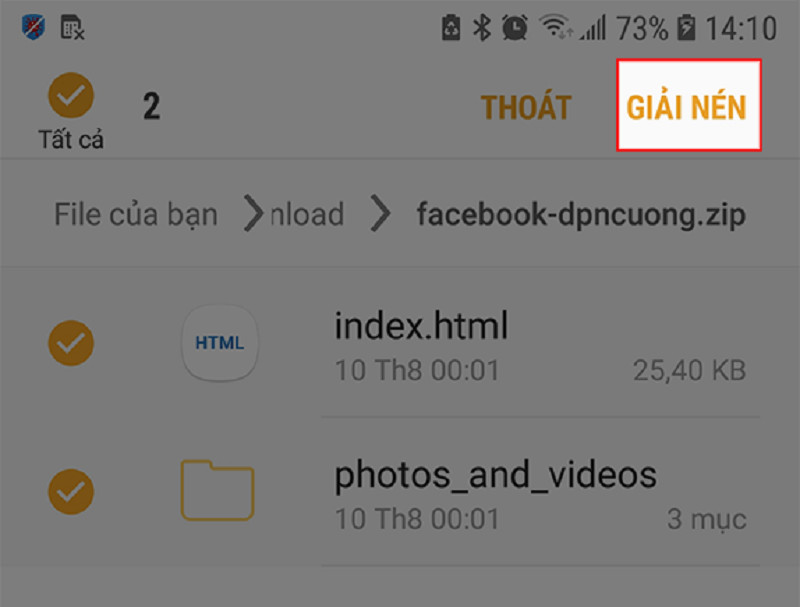 Giải nén file sao lưu Facebook trên điện thoại