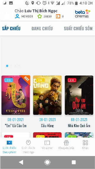 Giao diện chọn phim Beta Cineplex