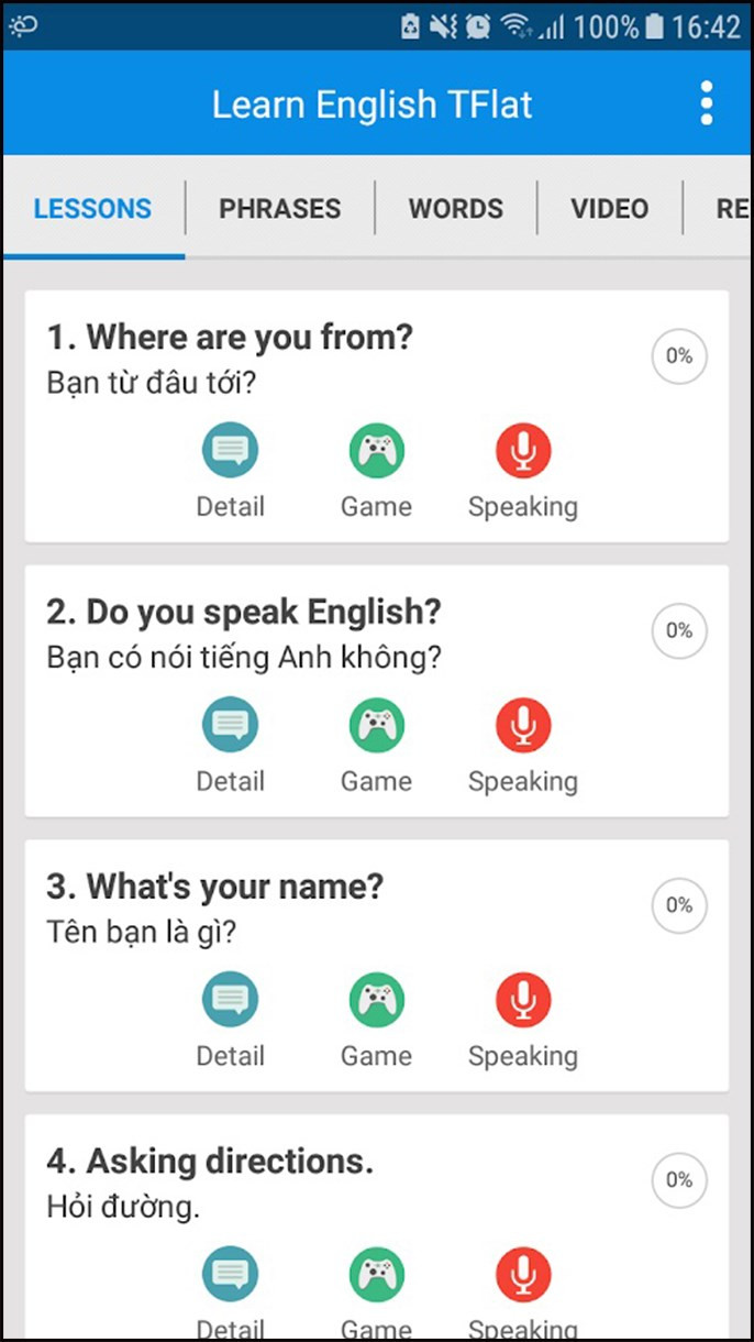 Giao diện của Học tiếng Anh TFlat