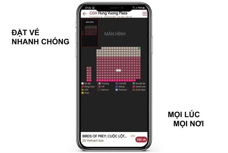 Giao diện đặt vé xem phim trên ứng dụng CGV Cinemas