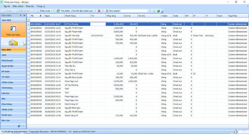 Giao diện phần mềm eBizSpa