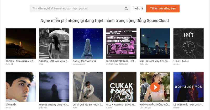 Giao diện trang web Soundcloud.com 