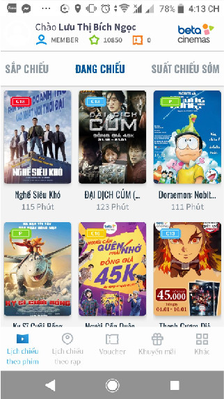 Giao diện ứng dụng Beta Cineplex