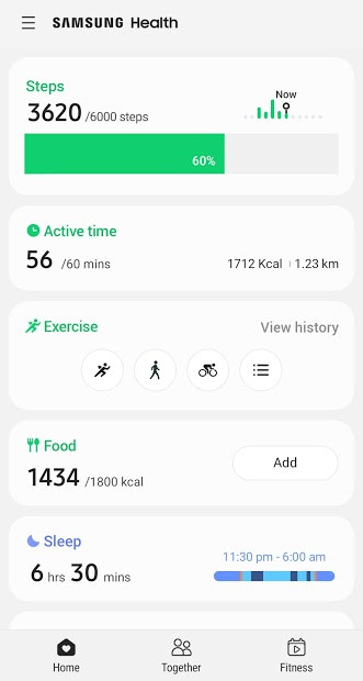 Giao diện ứng dụng Samsung Health