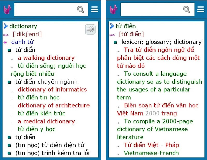 Giao diện ứng dụng Từ điển Lạc Việt