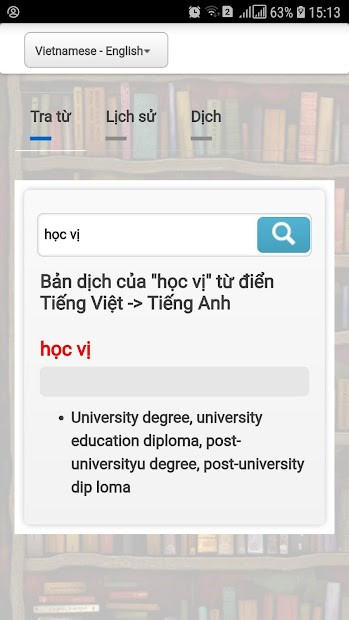 Giao diện ứng dụng từ điển Vdict: Anh Việt