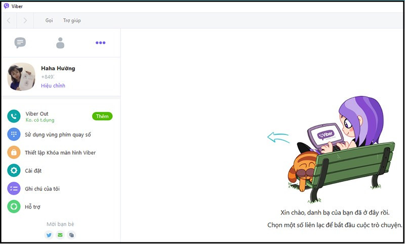 Giao diện Viber trên máy tính sau khi đăng nhập thành công