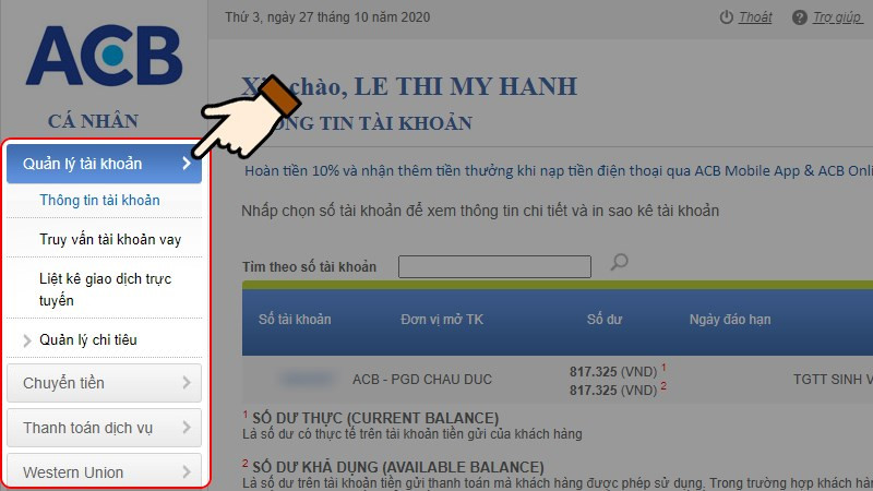 Giao diện website ACB Online Banking