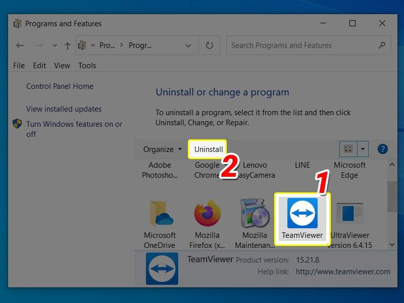 Gỡ bỏ TeamViewer qua Control Panel