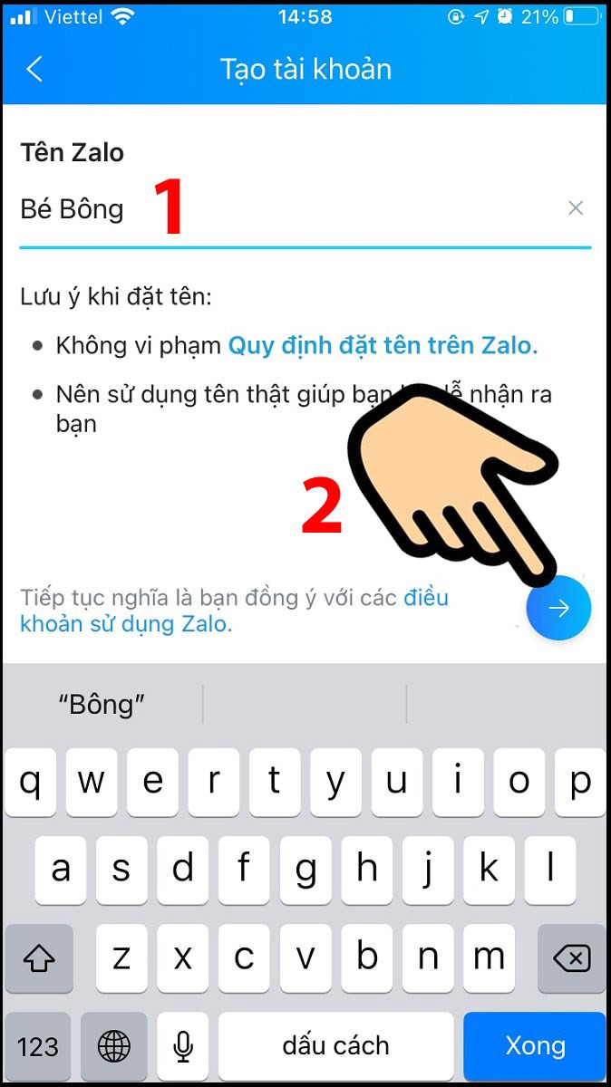 Gõ tên Zalo và ấn mũi tên sang ngang để tiếp tục