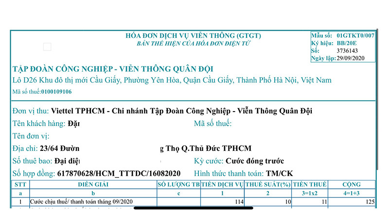 Ho&aacute; đơn điện tử internet Viettel