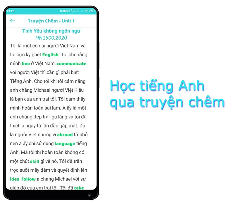 Học từ vựng qua truyện chêm trên Hack Não