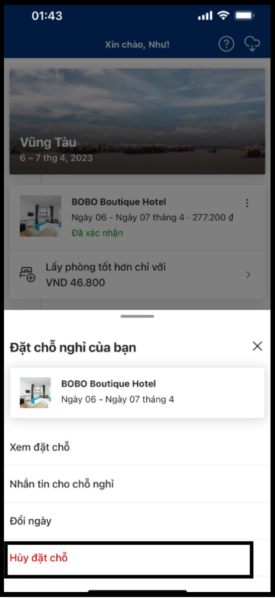 Hủy đặt chỗ trên app