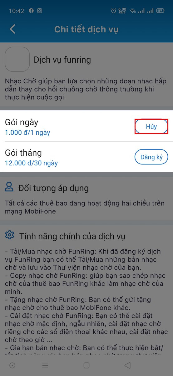 Hủy gói nhạc chờ