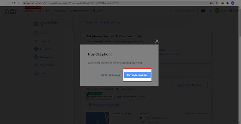 Hủy phòng Agoda trên máy tính