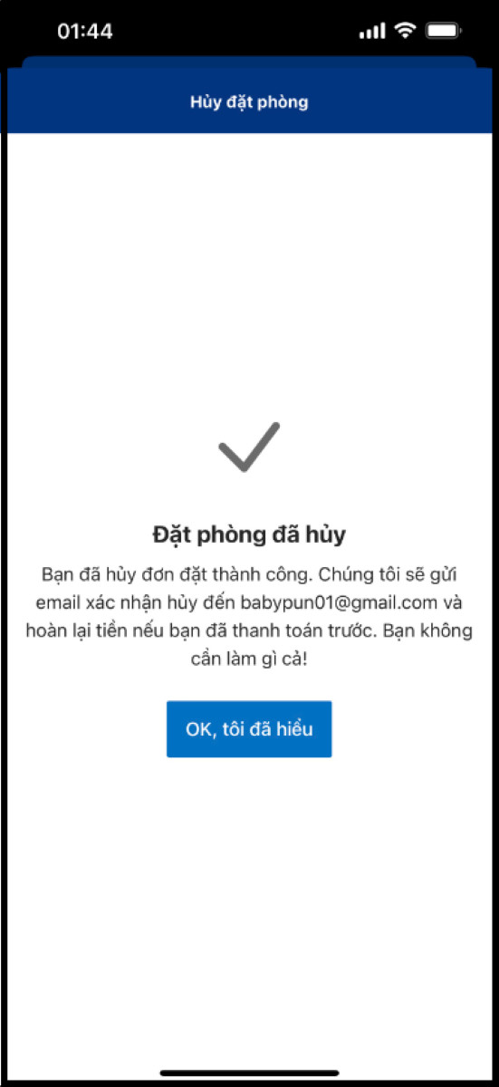 Hủy phòng thành công trên app