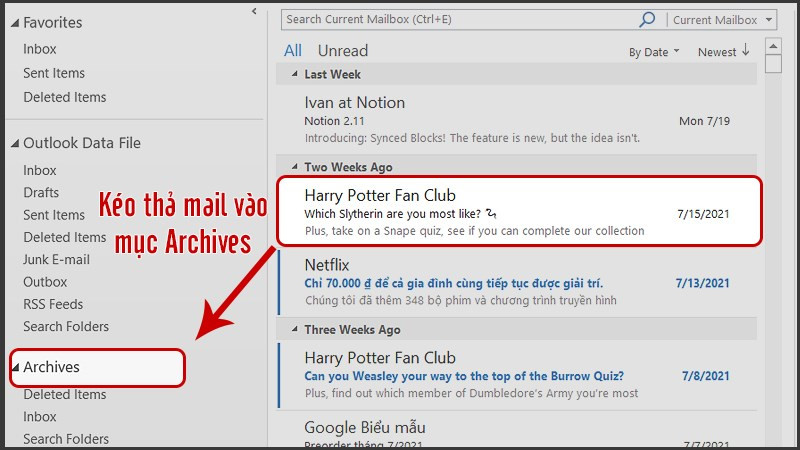 Kéo thả email vào mục Archives