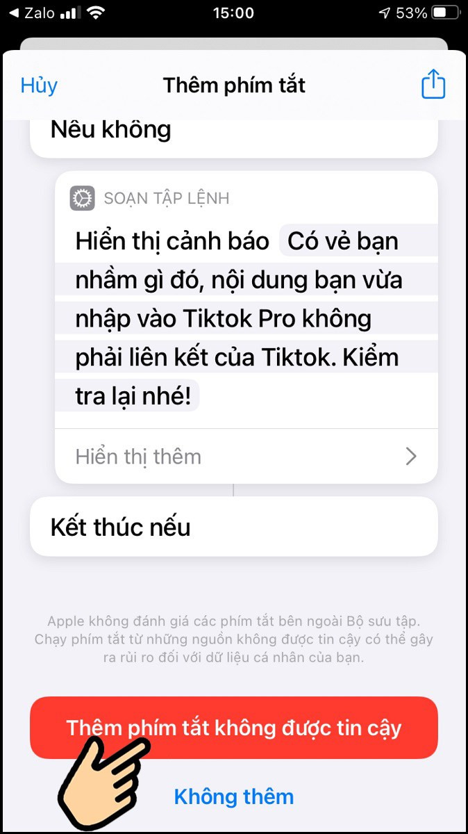 Kéo xuống dưới cùng chọn Thêm phím tắt không được tin cậy