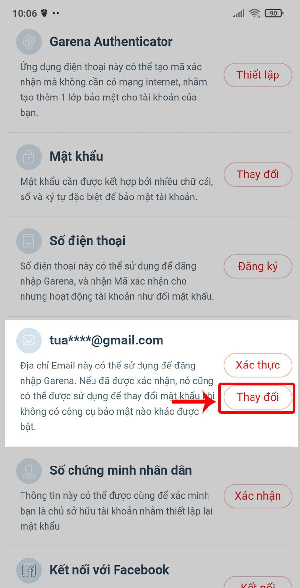 Kéo xuống Email. Sau đó chọn Thay đổi.