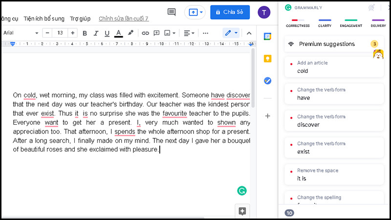 Khi g&otilde; một đoạn văn bằng Tiếng Anh tr&ecirc;n Google Docs, Grammarly hiển thị nhanh ch&oacute;ng c&aacute;c lỗi sai