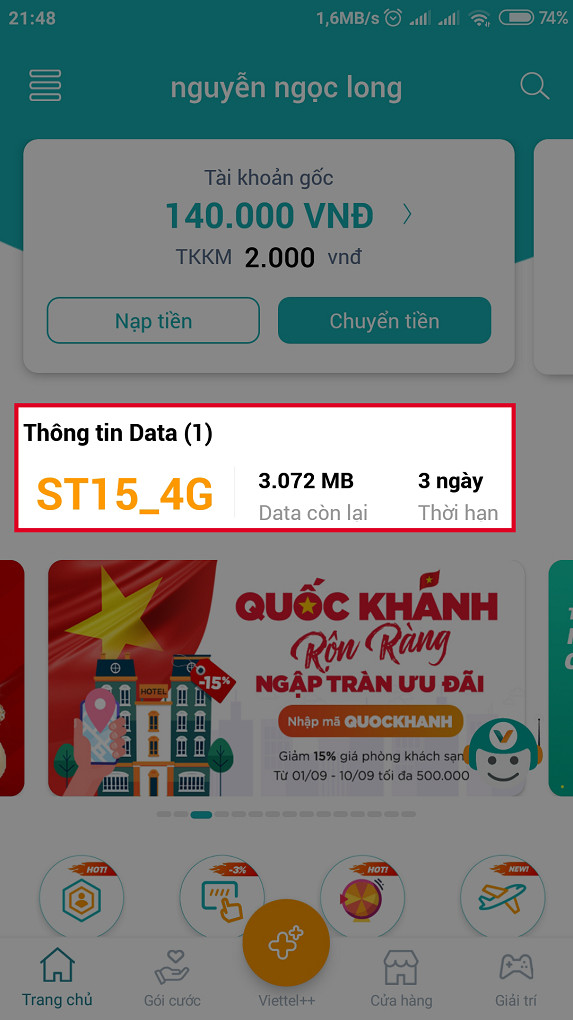 Kiểm tra data trên My Viettel