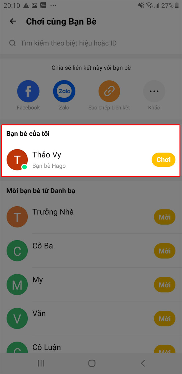 Kiểm tra kết quả kết bạn